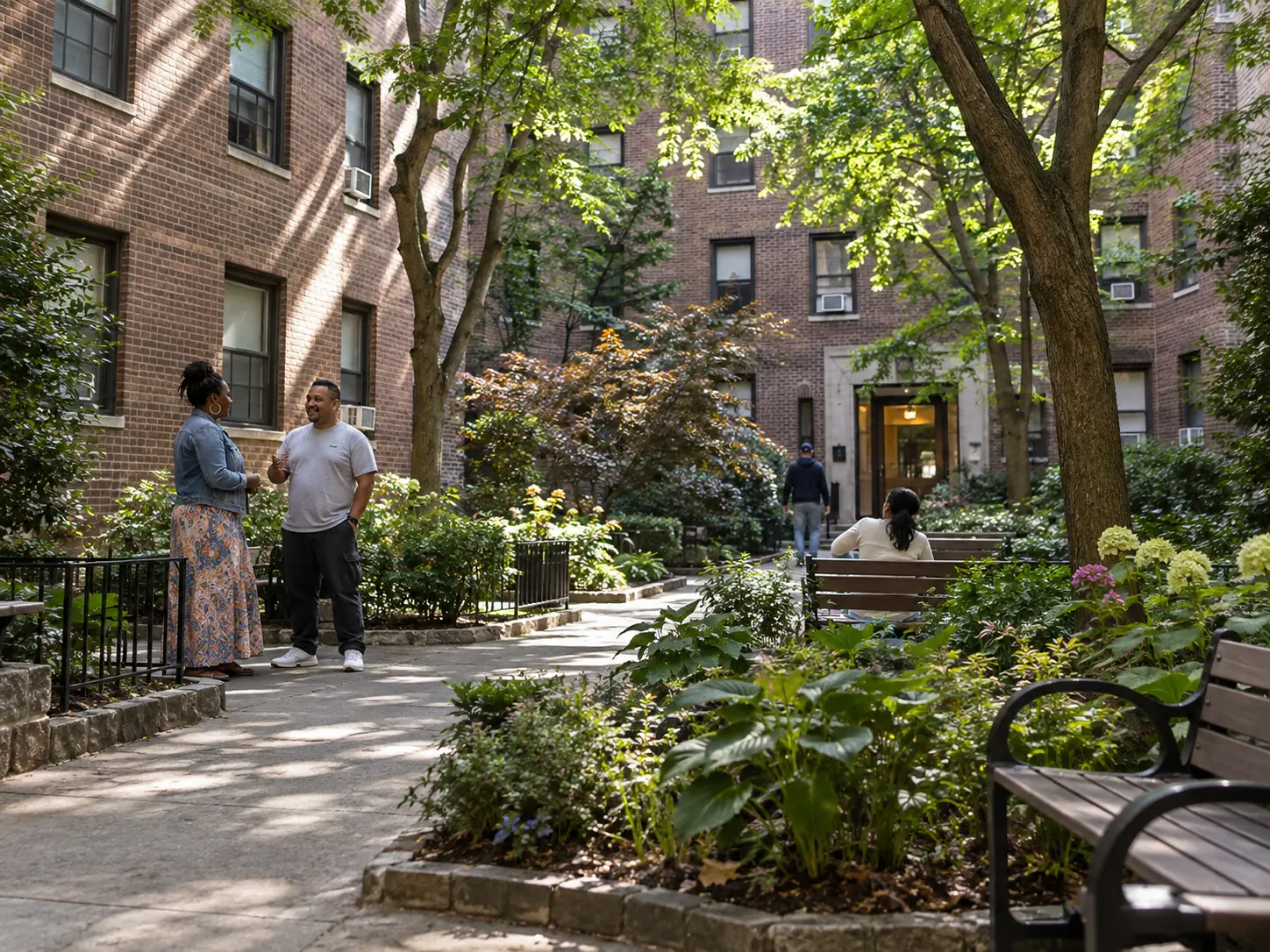 AI-generated illustrative image of a residential courtyard with diverse residents