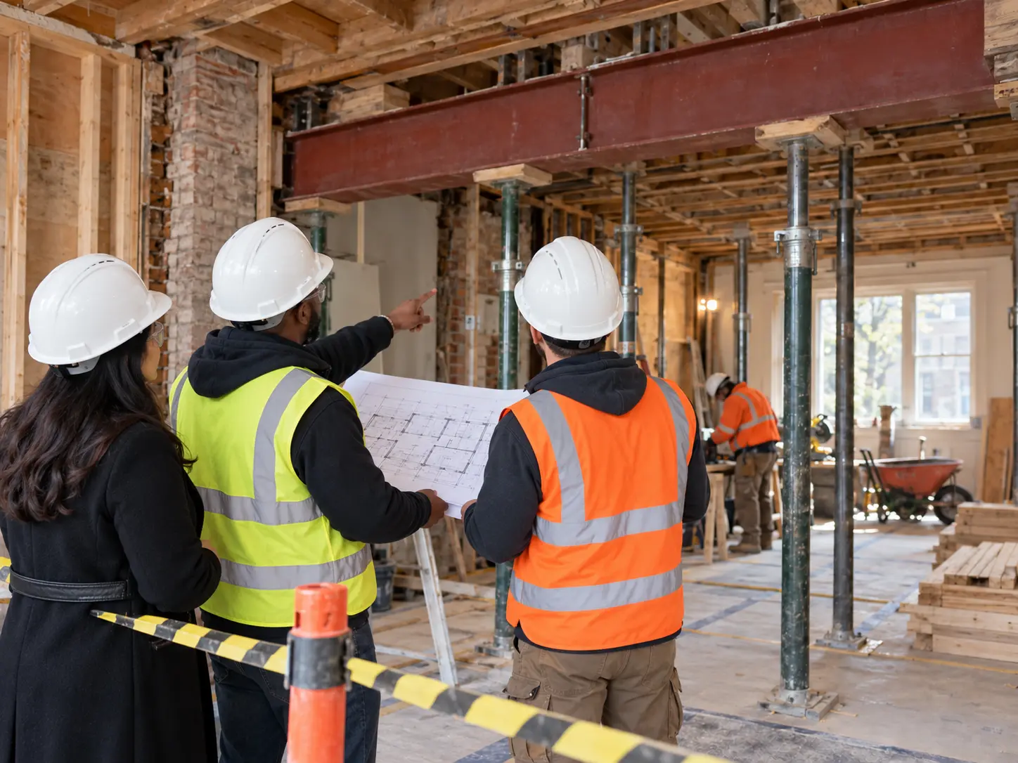 AI-generated illustrative rear view of a construction manager, client, and crew member reviewing a structural beam plan together