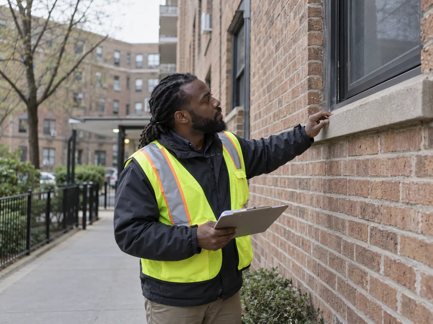 AI-generated illustrative image of a Black Caribbean construction manager inspecting a brick apartment building